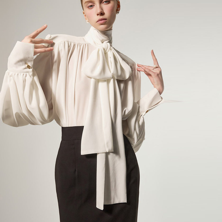 B9213 High-Neck Tie Drape Blouse