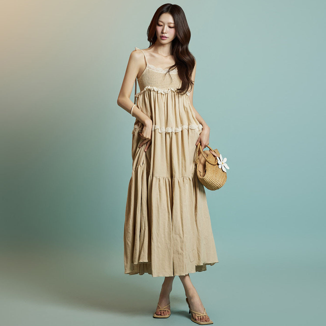D5309 Shirring Tiered Dress