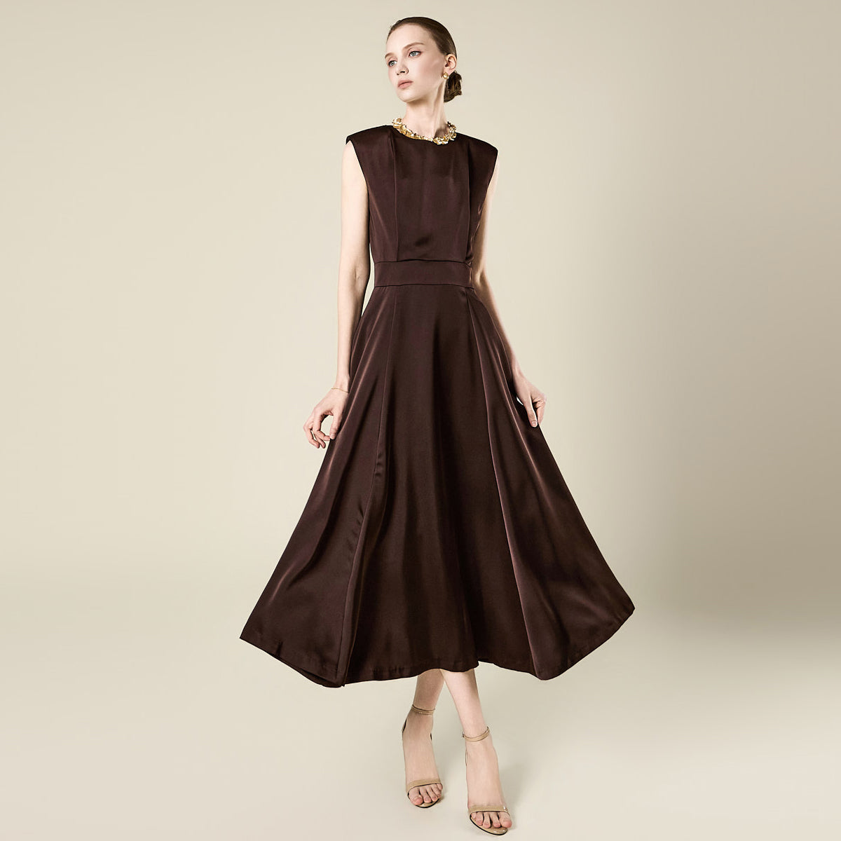 D5575 Satin Pintuck Flare Dress