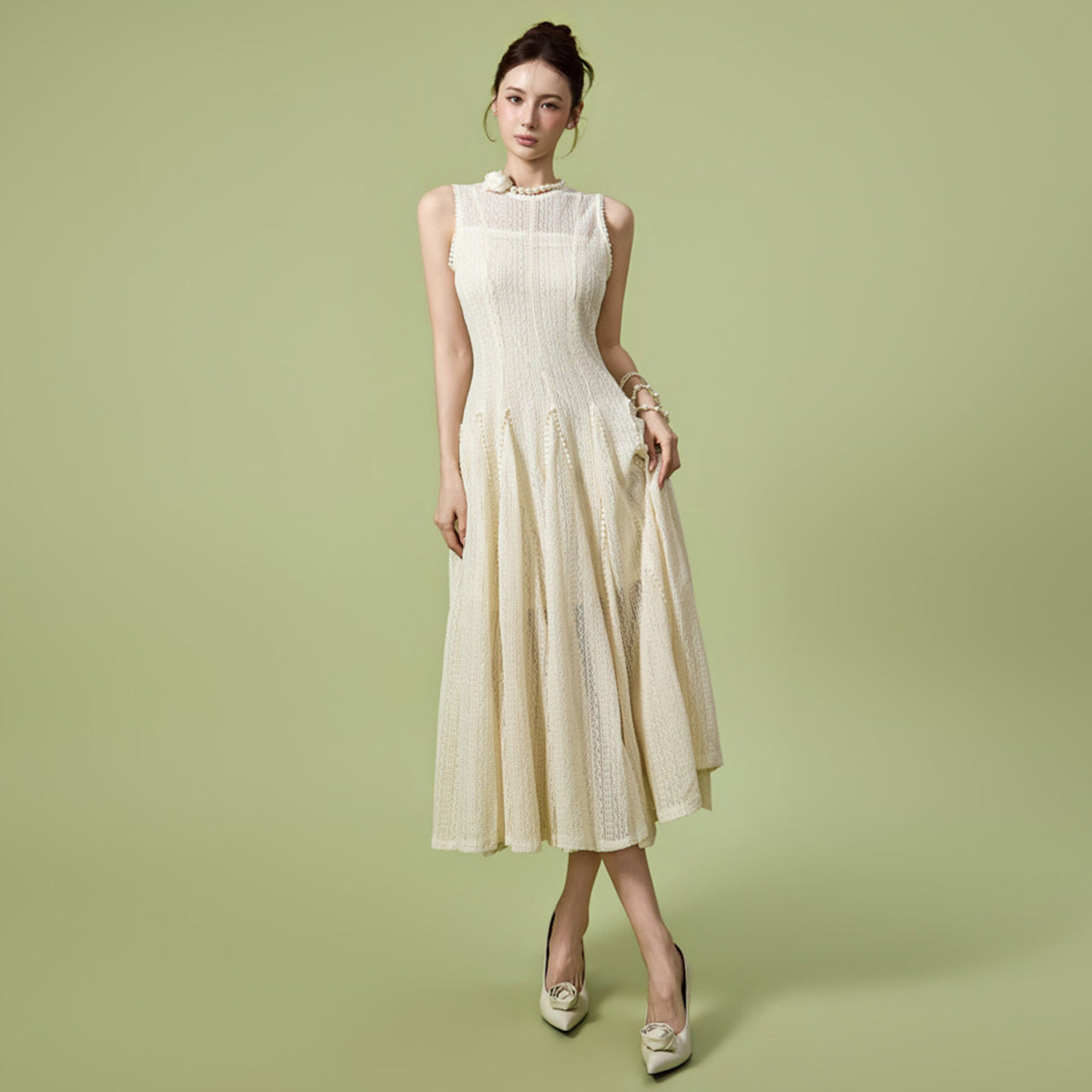 D5589 Sheer Lace Flare Dress