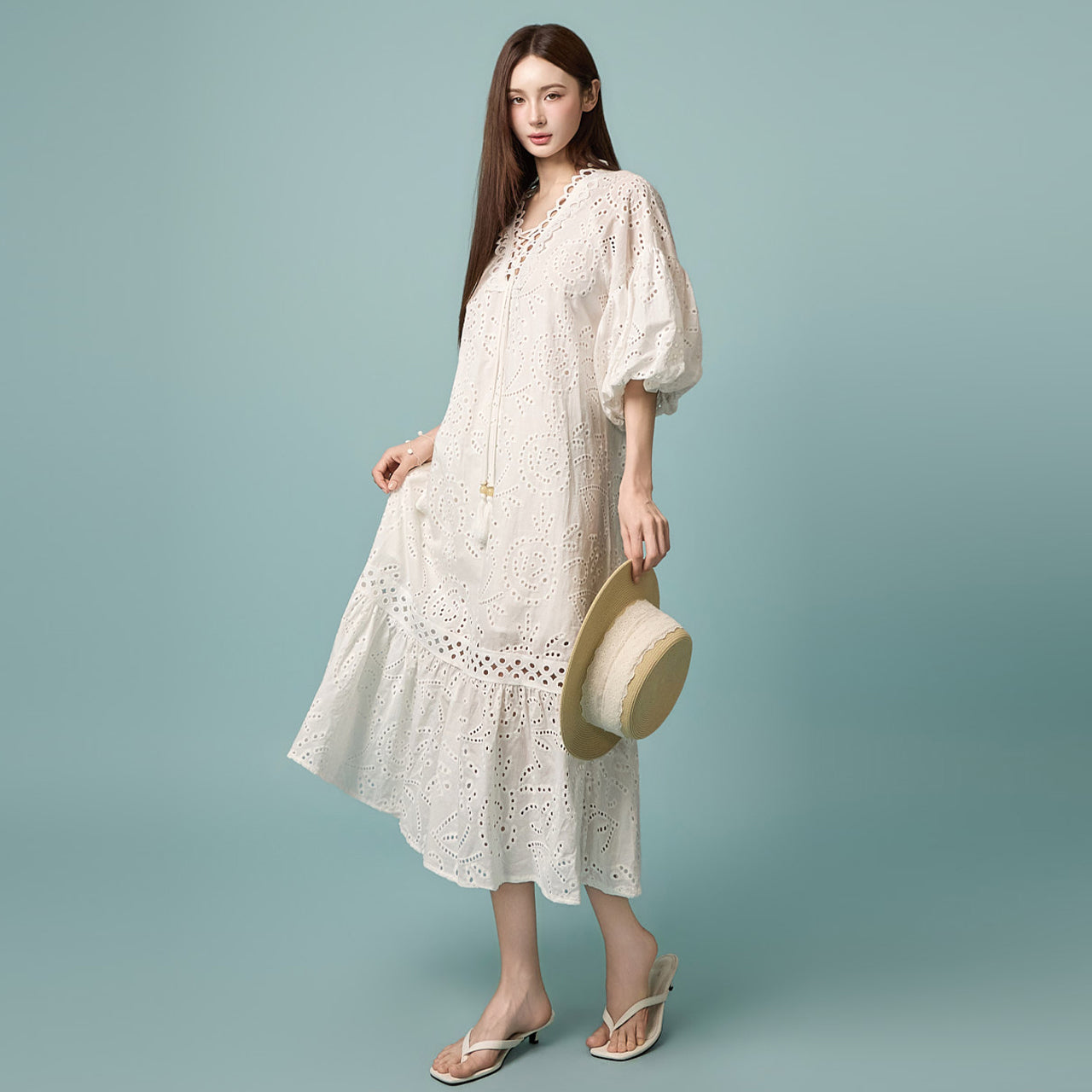 D5631 Eyelet Long Dress
