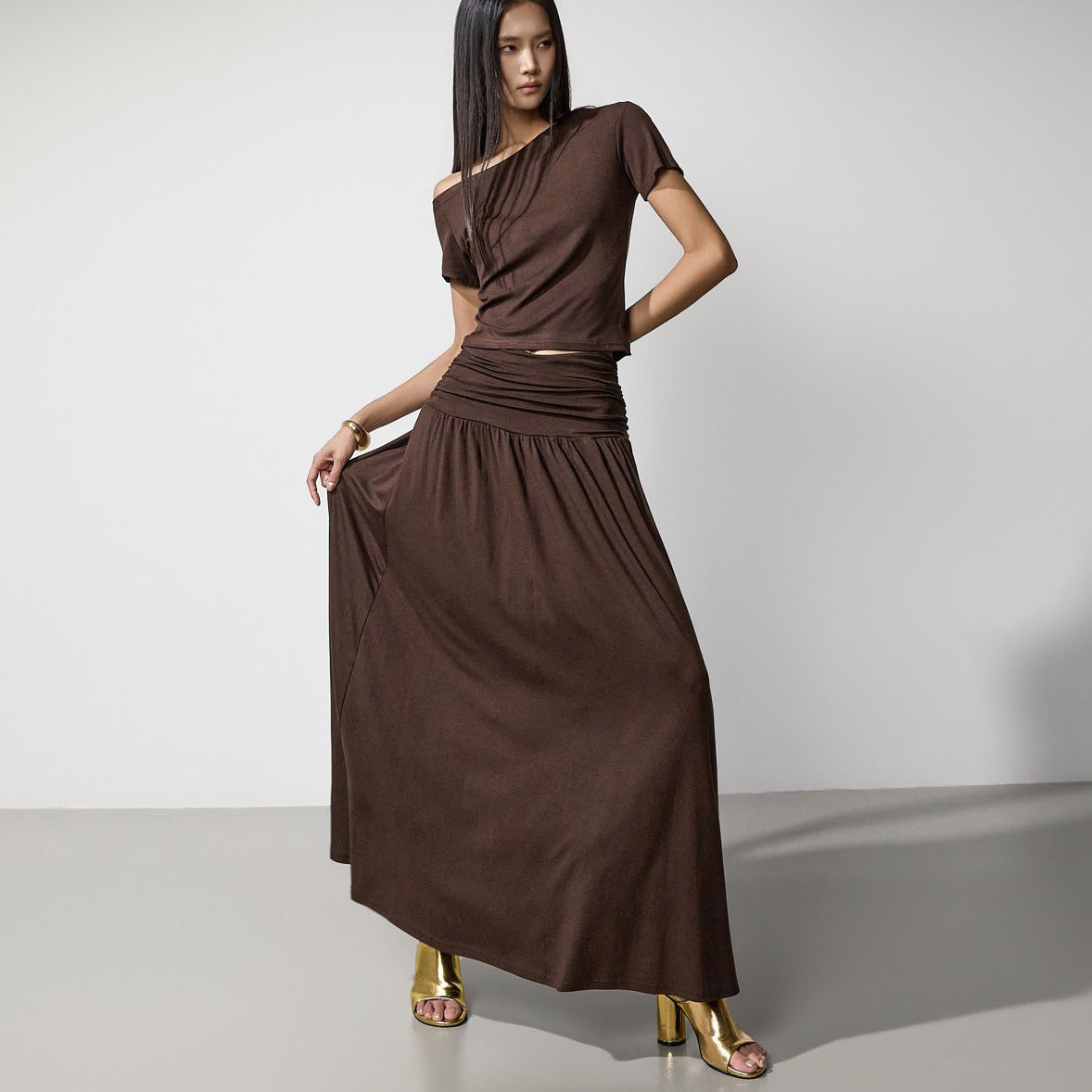 D5658 One-Shoulder Shirred Two-Piece Set