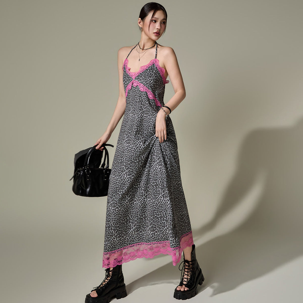 D5664 Lace Contrast Leopard Dress