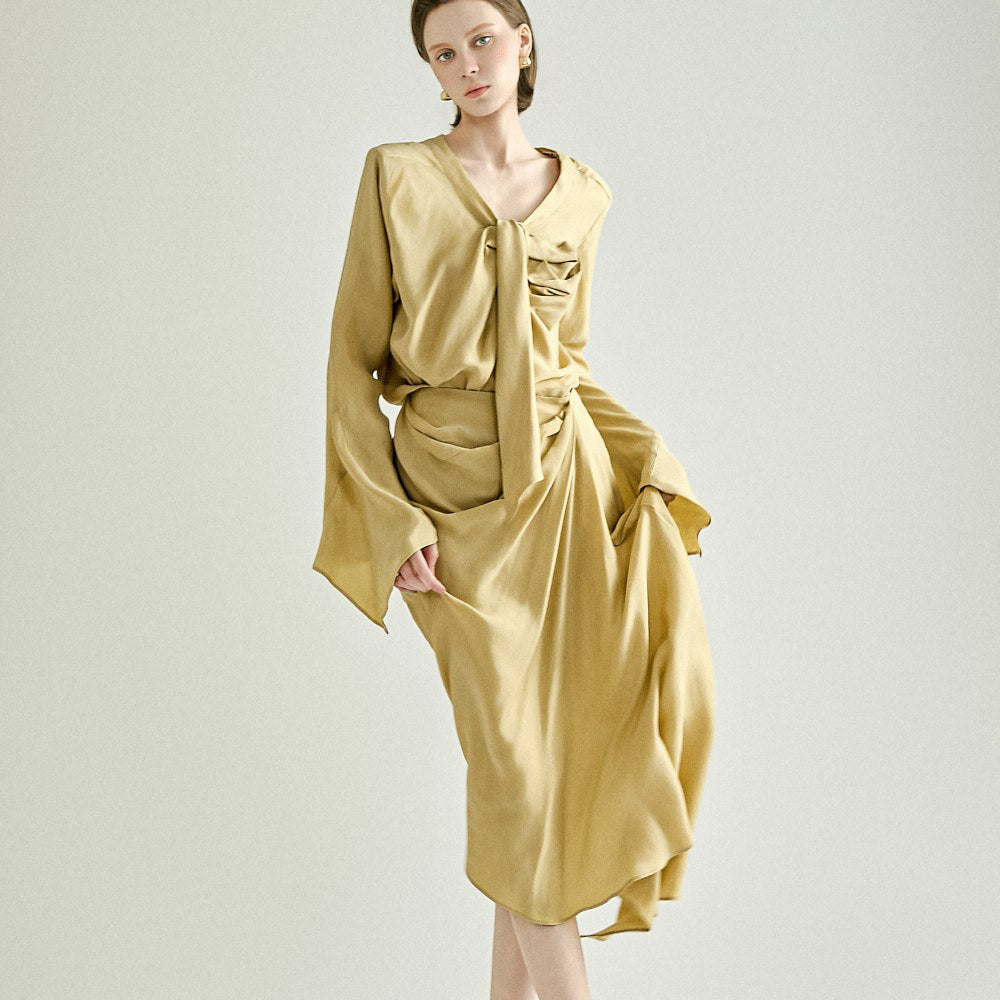 D5693 Drape V-Neck Two-Piece Set