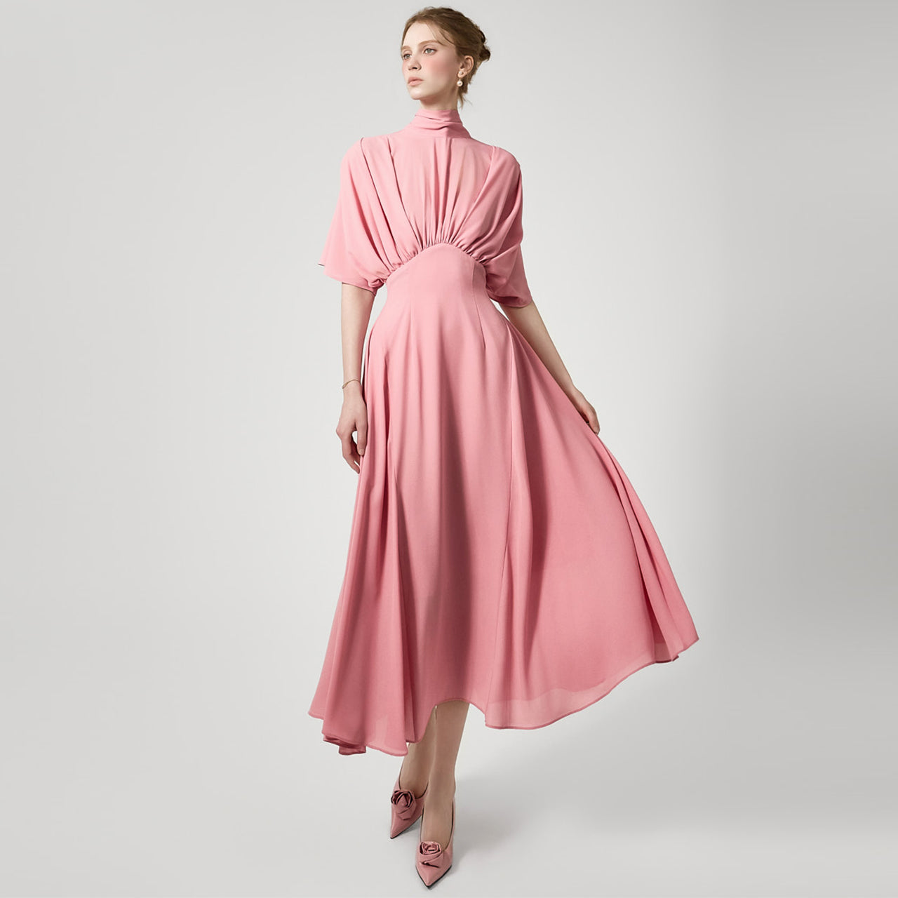 D9556 Shirring Dress with Scarf