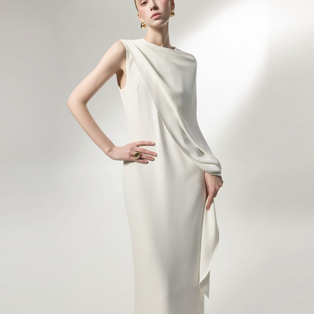 D9585 Draped Cape Maxi Dress