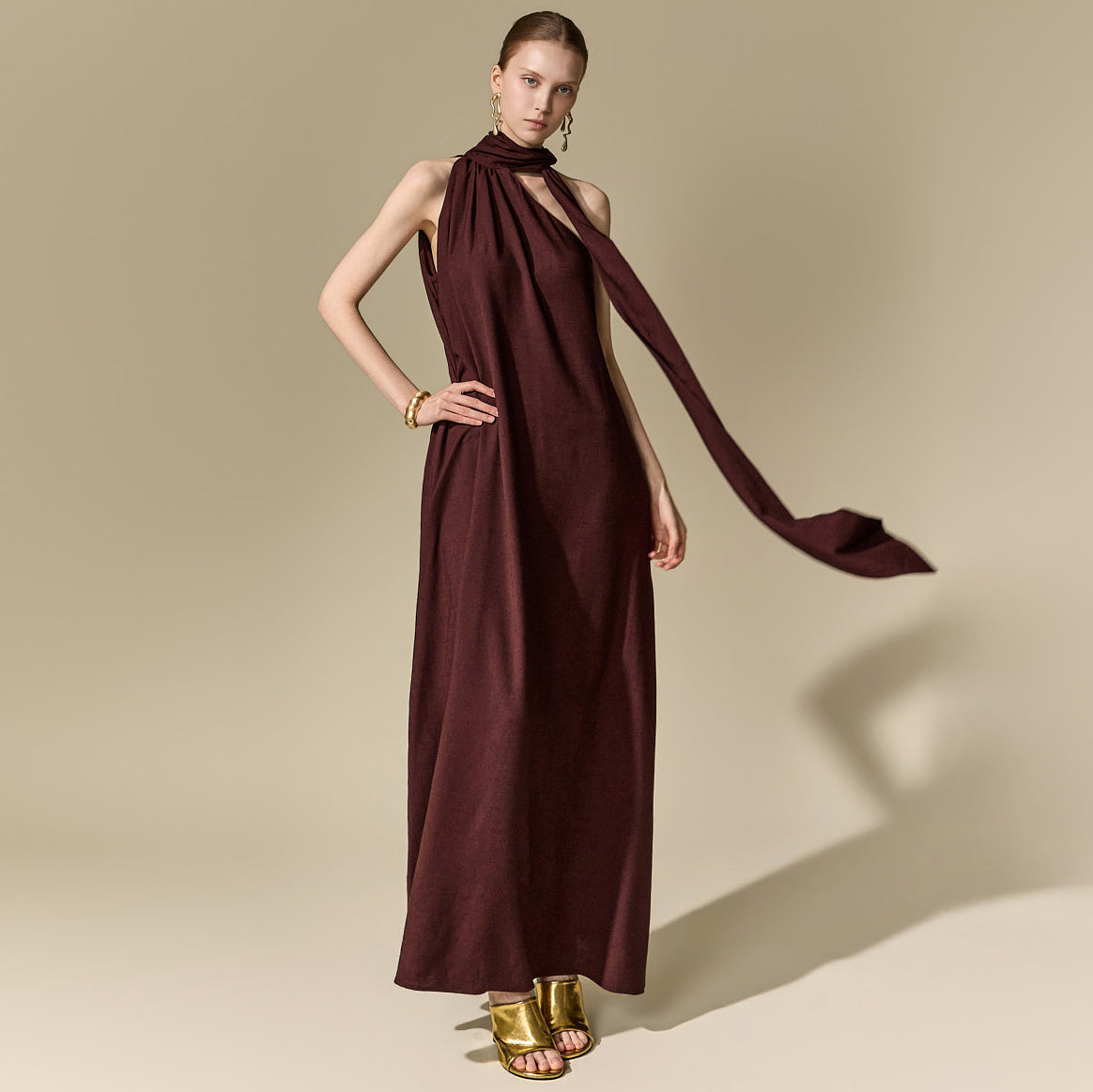 D9630 Scarf Halter Neck Dress