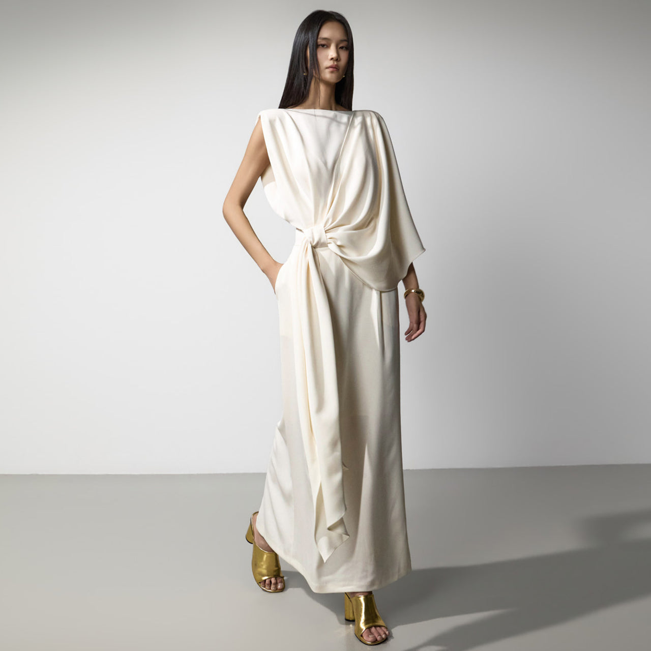 D9632 Boat Neck Draped Dress
