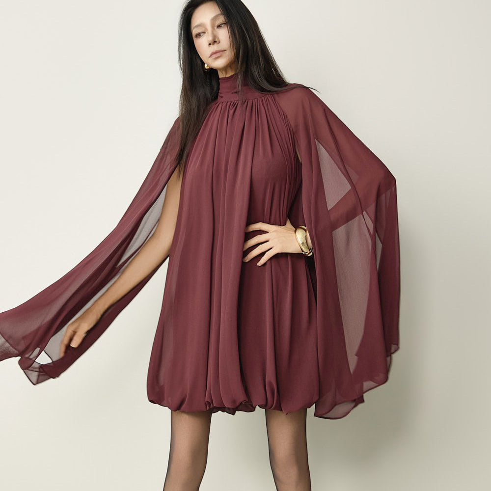D9634 High-Neck Shirred Balloon Dress