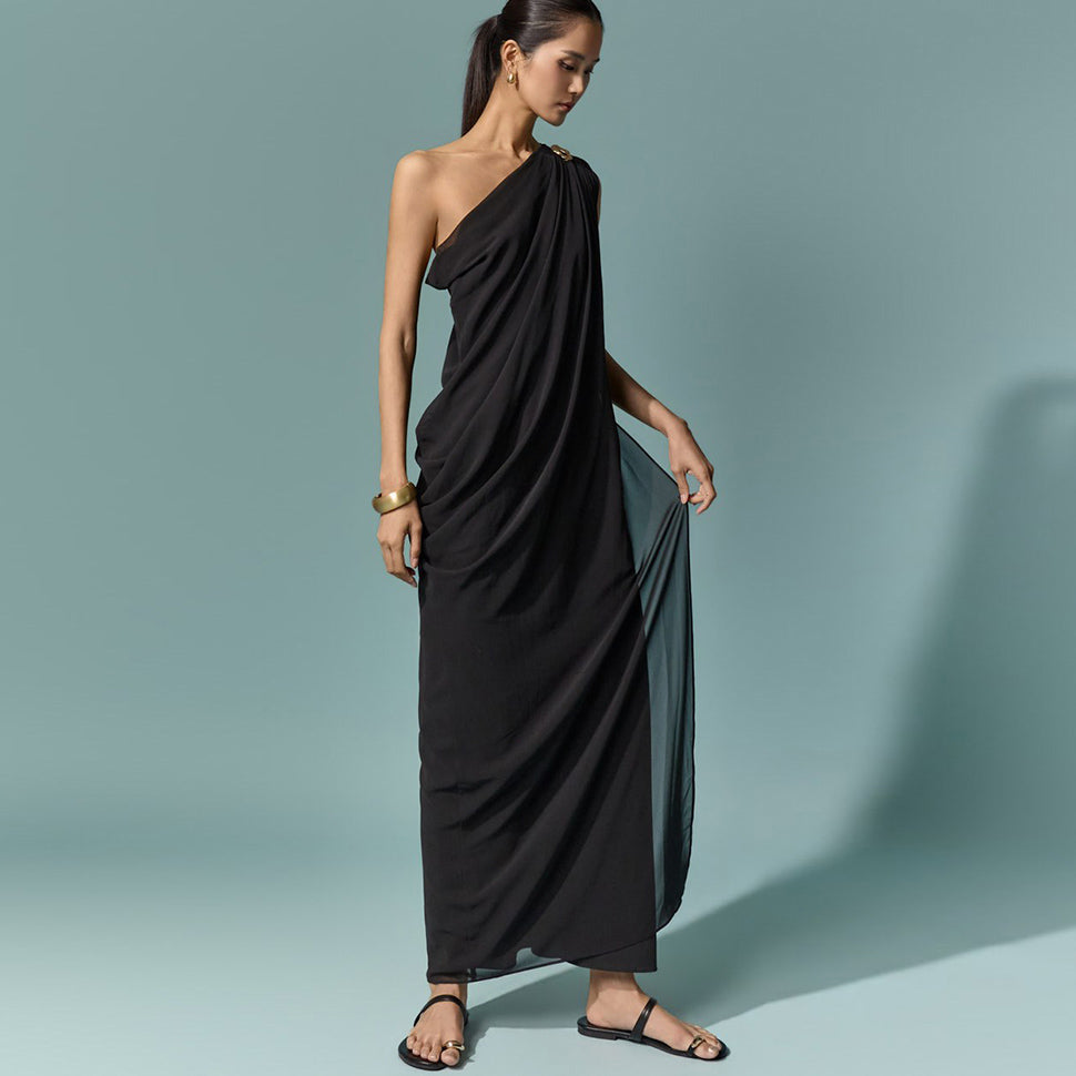 D9635 Asymmetrical Drape Dress