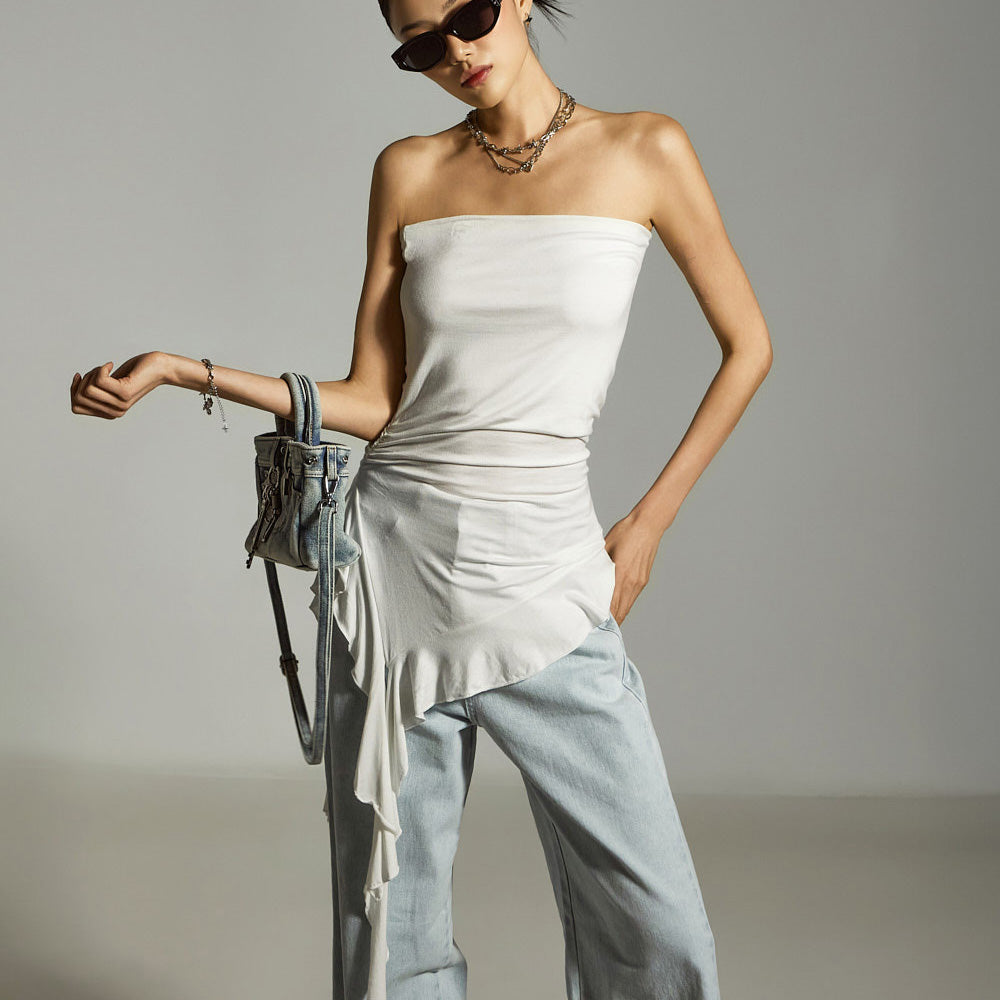 E3857 Asymmetric Frill Tube Top