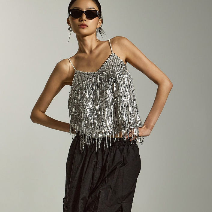 E3866 Spangle Fringe Sleeveless Top