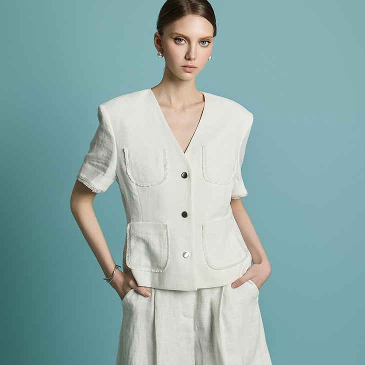 J2773 Collarless Linen Jacket