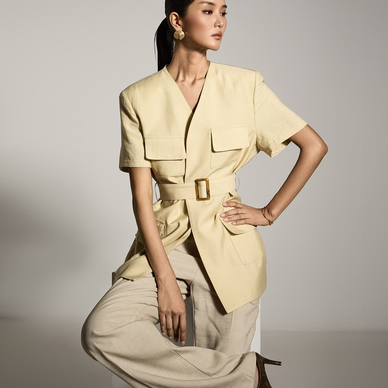 J2798 Collarless Jacket with Belt
