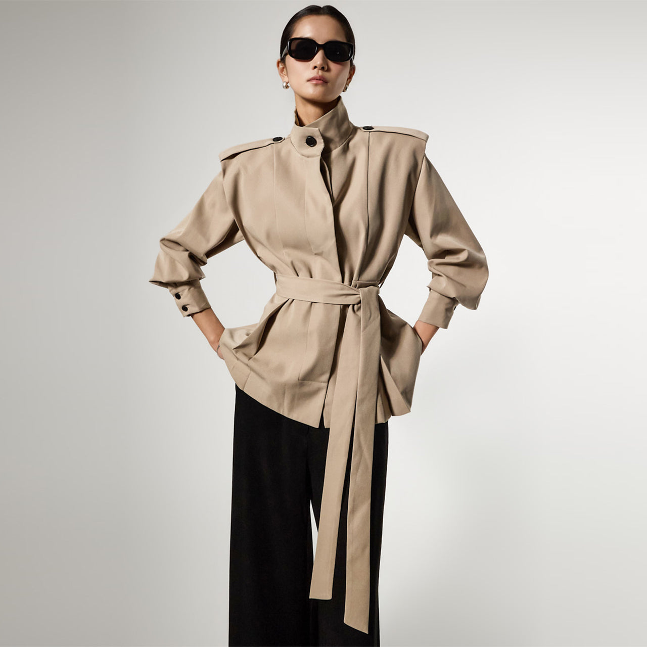 J3168 High-Neck Trench Jacket with Belt