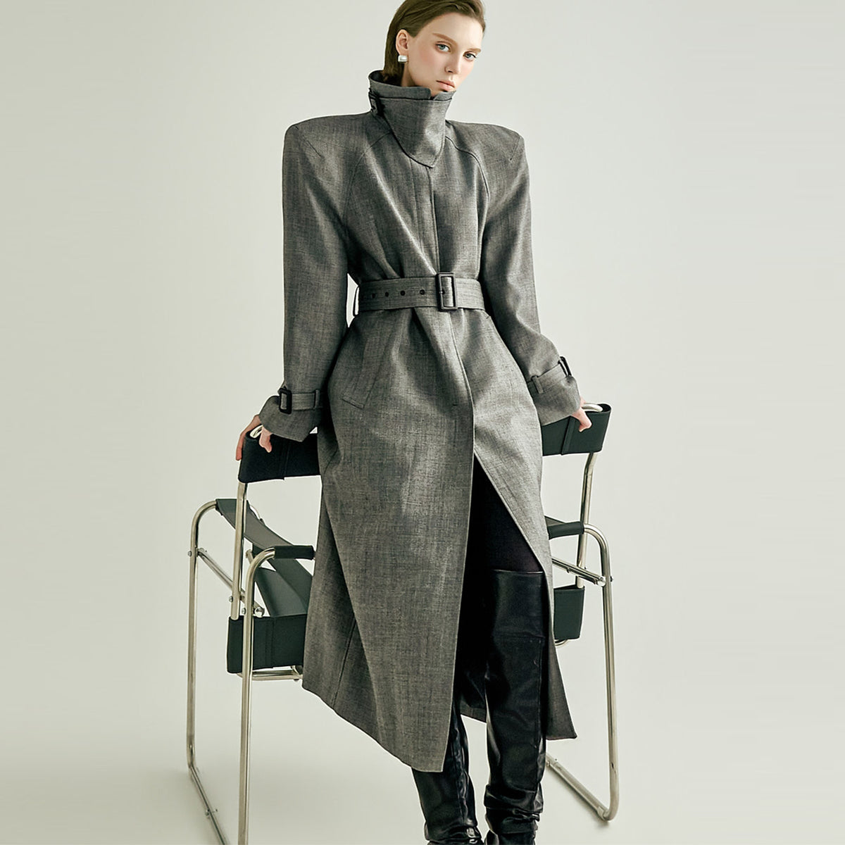 J3275 Wool High-Neck Belted Coat