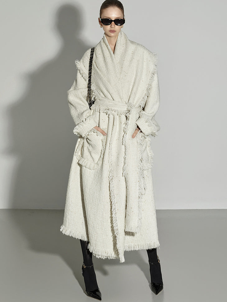J9293 Fringe Wool Coat With Belt