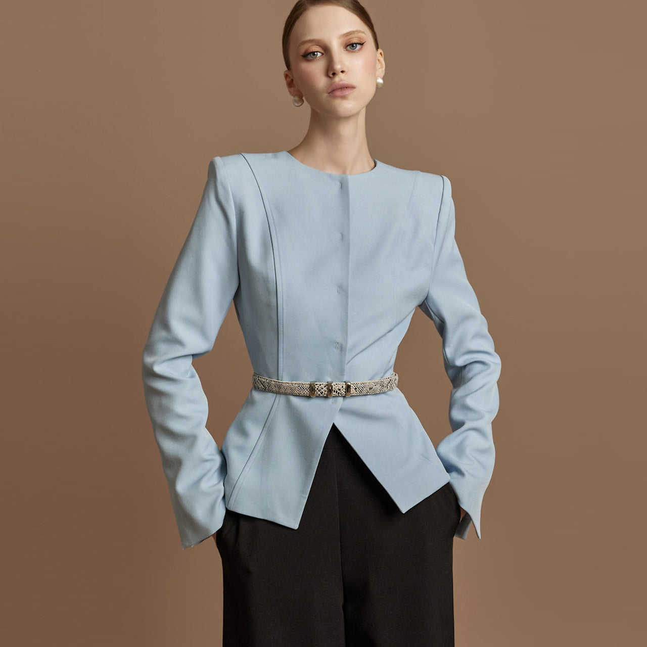 J9310 Collarless Jacket with Belt
