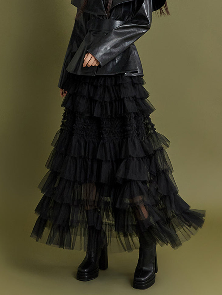 SK2637 Tulle Tiered Elastic Waist Long Skirt