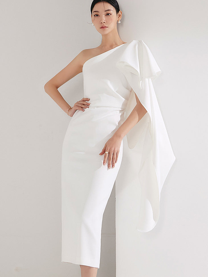 D9408 One Shoulder Shirring Drape Midi Dress