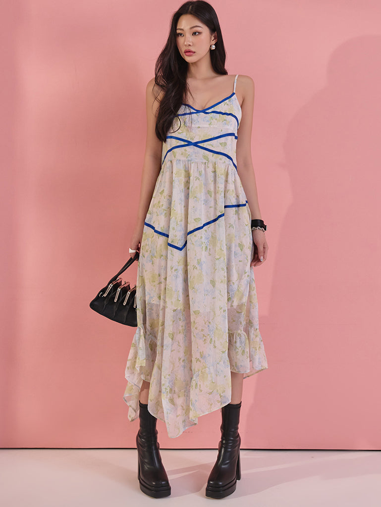 D4650 Printing Taping Sleeveless Dress
