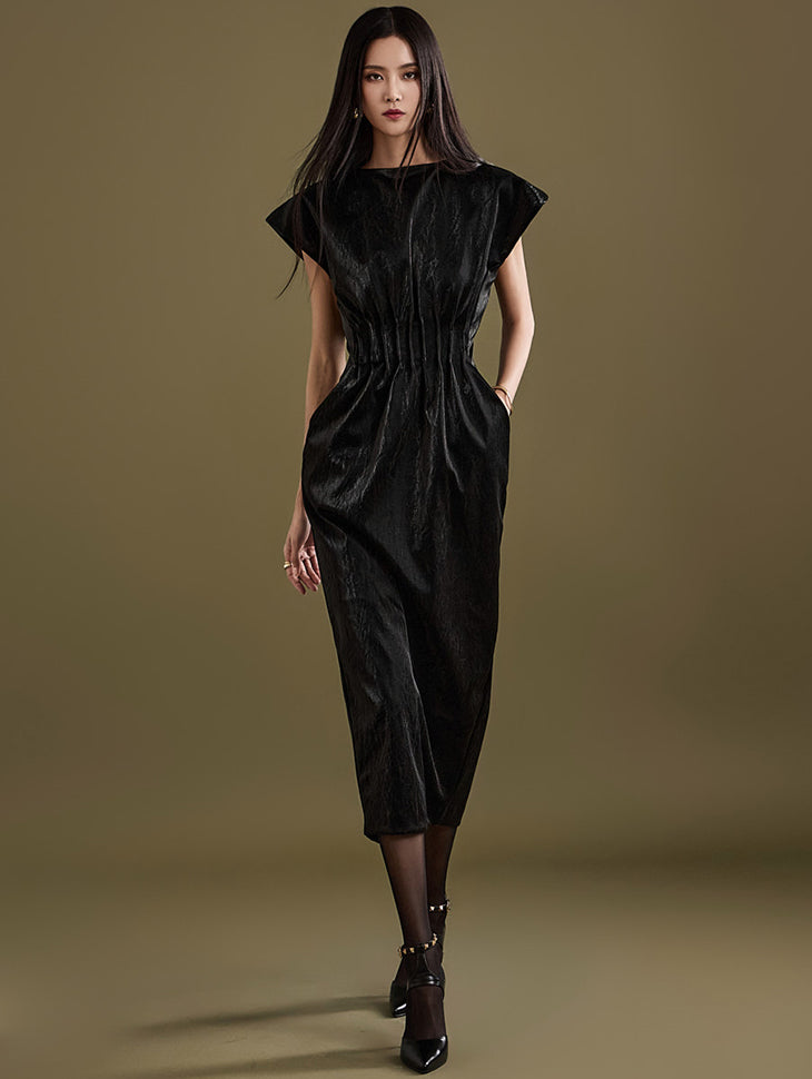 D9464 Crackled Texture Leather Shirring Point Long Dress