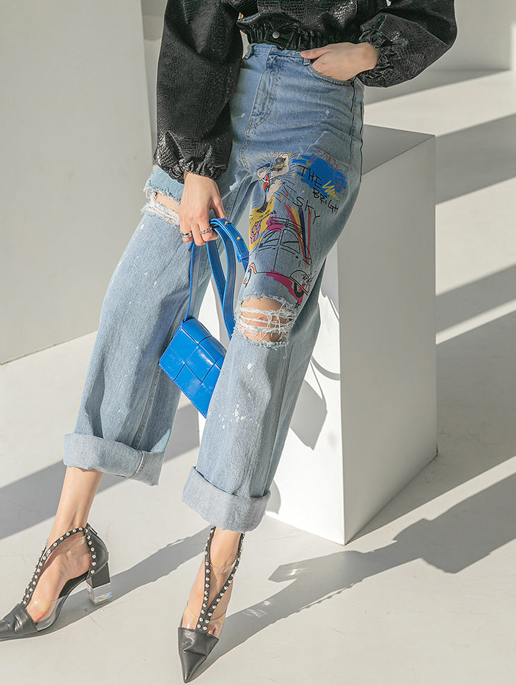 PJ431 Vintage Printed Wide Jeans