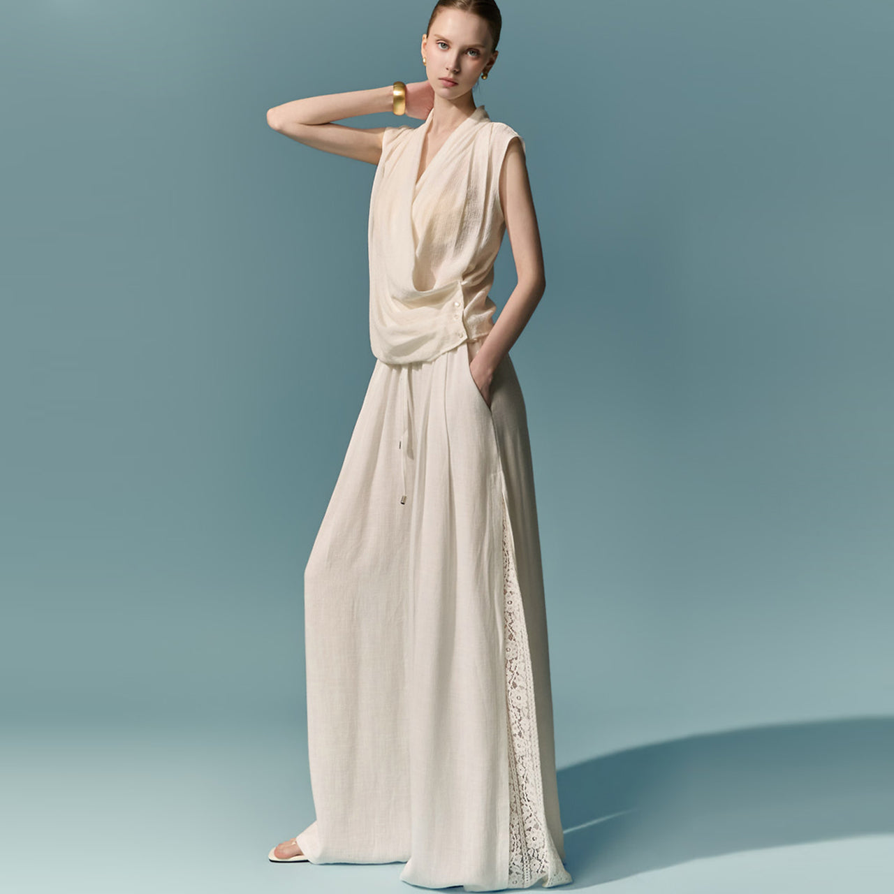 P3896 Linen Lace Panel Pants