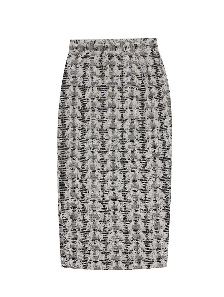 SK9225 Tweed Wool Fringe Midi Skirt
