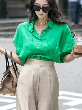 S384 麻料领子泡泡袖细褶衬衫 Korea