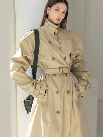 J1595 墊子雙排扣釦子風衣外套(袖子,腰帶SET) Korea
