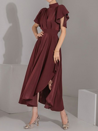 D9394 半高领细褶抽褶不平衡连衣裙 Korea