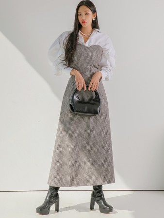 D4560 羊毛格纹抹胸可弯曲中长连衣裙 Korea