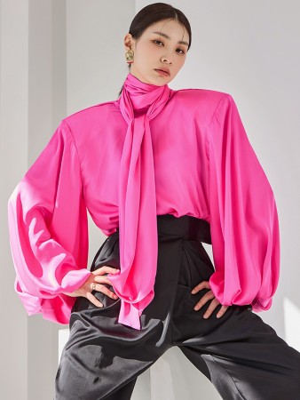 B9144 緞子圍巾領泡泡罩衫 Korea