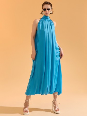D9443 高领围巾褶皱长款连衣裙 Korea