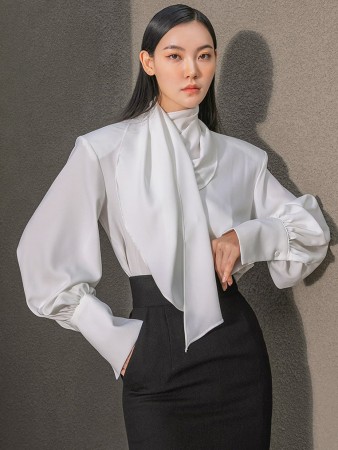 B9136 鮮豔的褶皺領圍巾雪紡衫 Korea