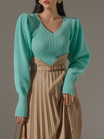 E2639 罗纹V领泡泡袖针织衫 Korea