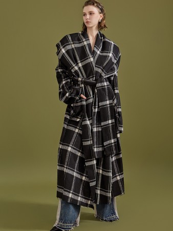 J9141 羊毛格纹宽披肩垫长外套（腰带套装） Korea
