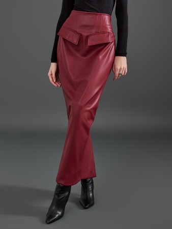 SK2574 皮革有盖口袋可弯曲长裙 Korea