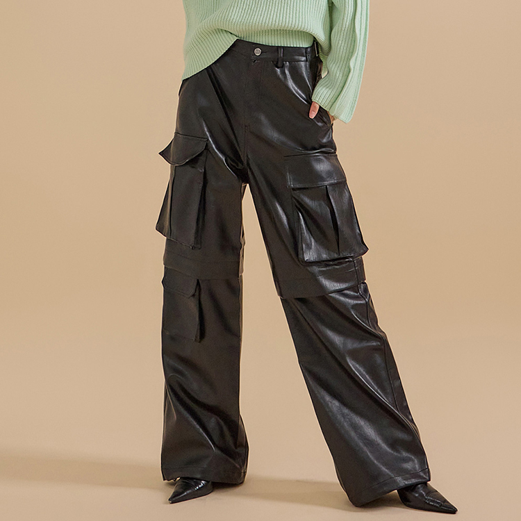 P2974 皮革工装宽长裤