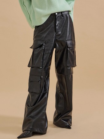 P2974 皮革工装宽长裤 Korea