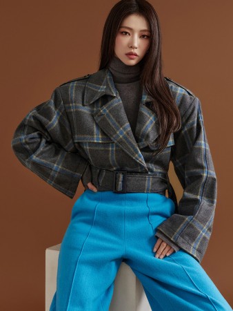 J2062 羊毛格纹短款双层夹克（腰带套装） Korea