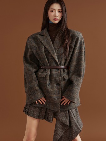 J2064 羊毛格子超大版双排扣夹克 Korea