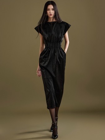 D9464 裂纹皮革抽褶长款连衣裙 Korea