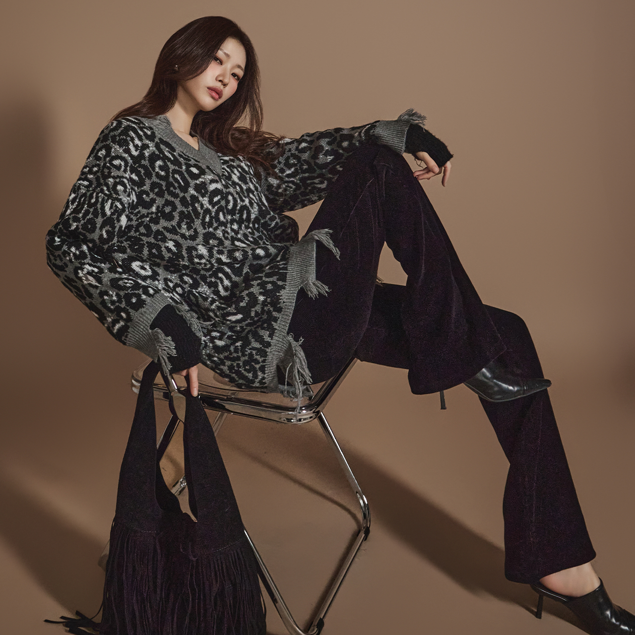 E3595 豹纹破洞针织