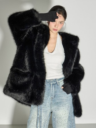 J3021 华丽 皮草 帶帽 毛衣外套 Korea
