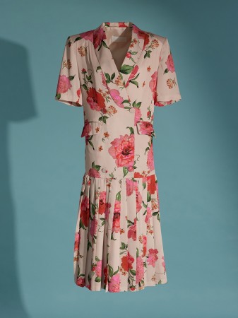 D9347 花纹双钮扣百褶中长连衣裙(3rd REORDER) Korea