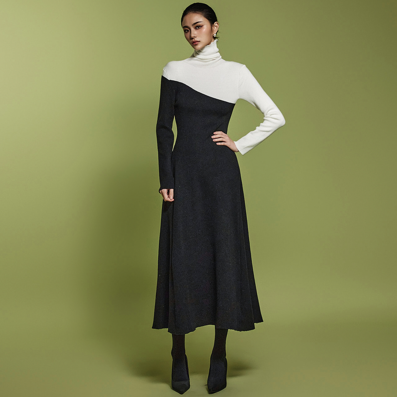 D5140 撞色针织连衣裙