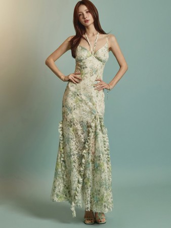 D9549 花纹荷叶边连衣裙 Korea