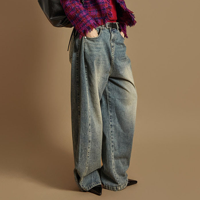 PJ617 钮扣阔腿牛仔裤